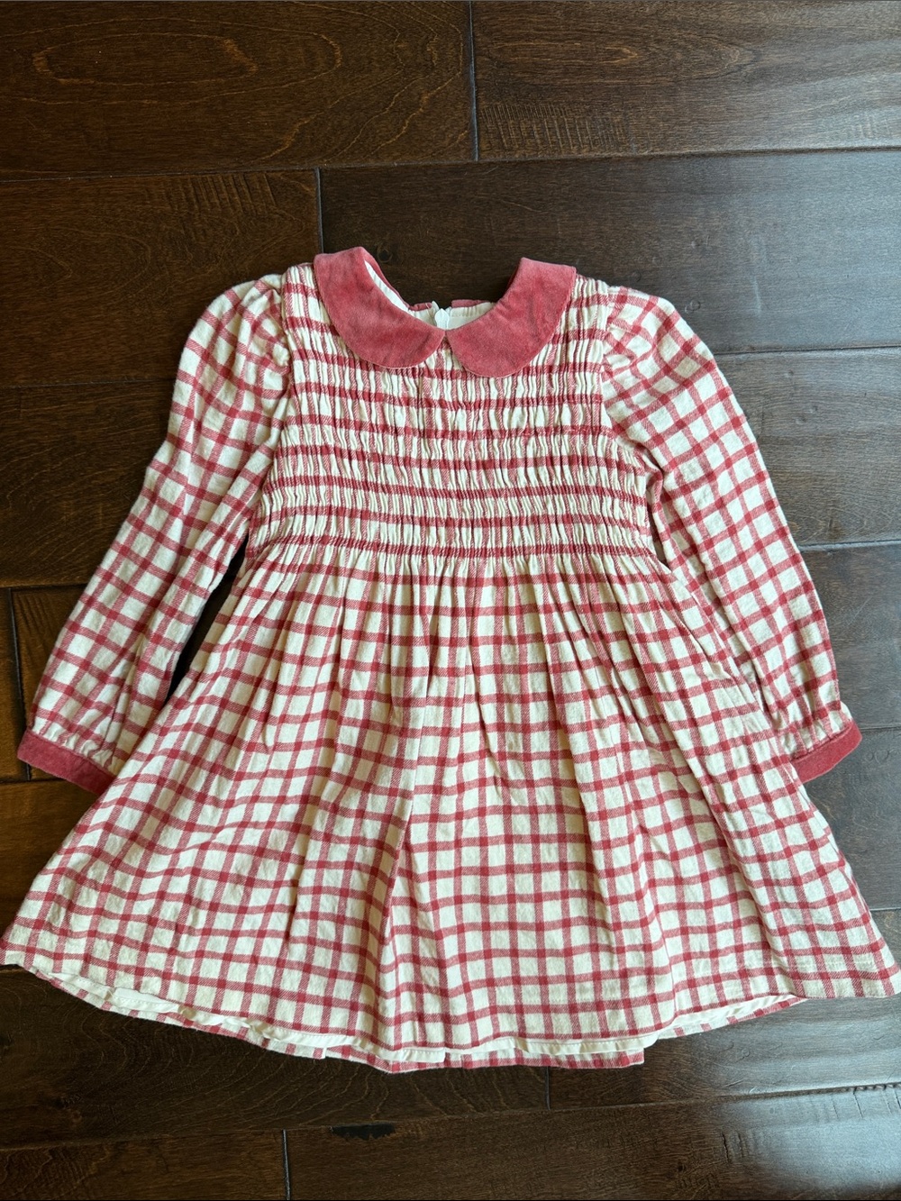 Girls Dark Pink and Cream Plaid Smocked Dress
